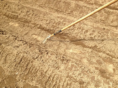 Farm beds using rake to smooth path between beds